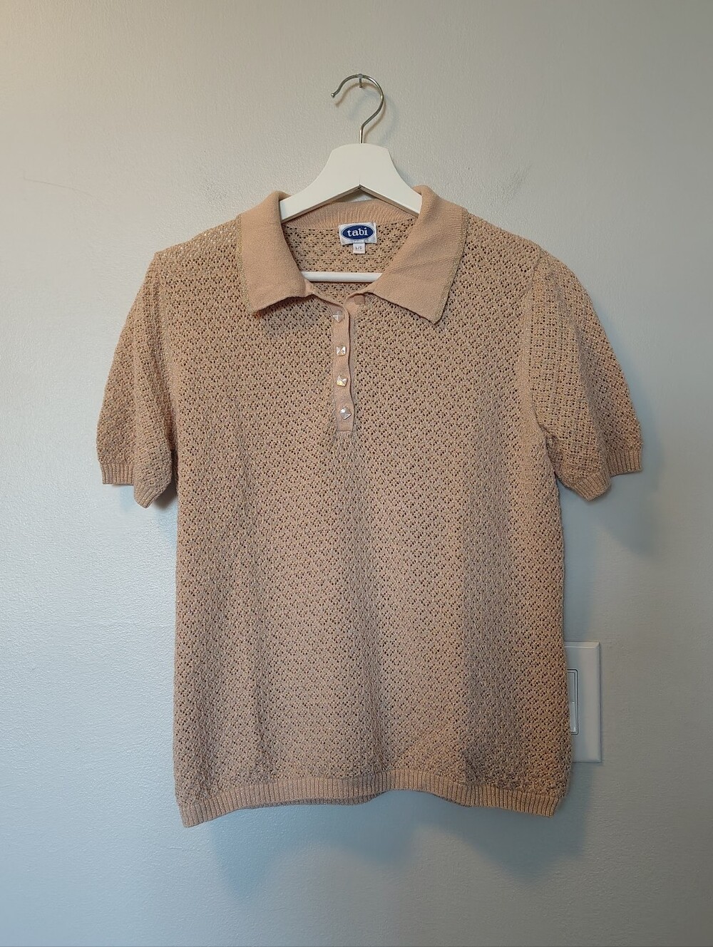 Tabi Beige Knit Polo Top With Sparkle